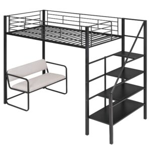 Twin Size Loft Bed with Storage Staircase and Bench, Metal Twin Loft Bed Frame for Kids Teens, Twin High Loft Bed, Metal Loft Bed with Full Length Guardrail and Slat (Twin, Black)