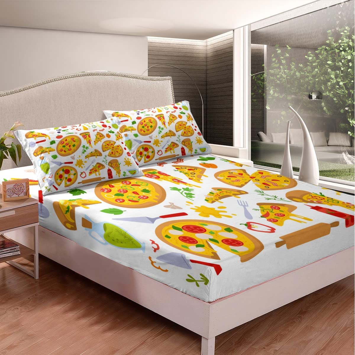 Pizza Bed Sheets Set Full Size Sausage Pizza Sheet Set for Kids Boys Girls Decor Food Themed Sheets with Deep Pocket Fitted Sheet Microfiber Fast Food Bedding Set Bedroom Delicious Gourmet Bed Set