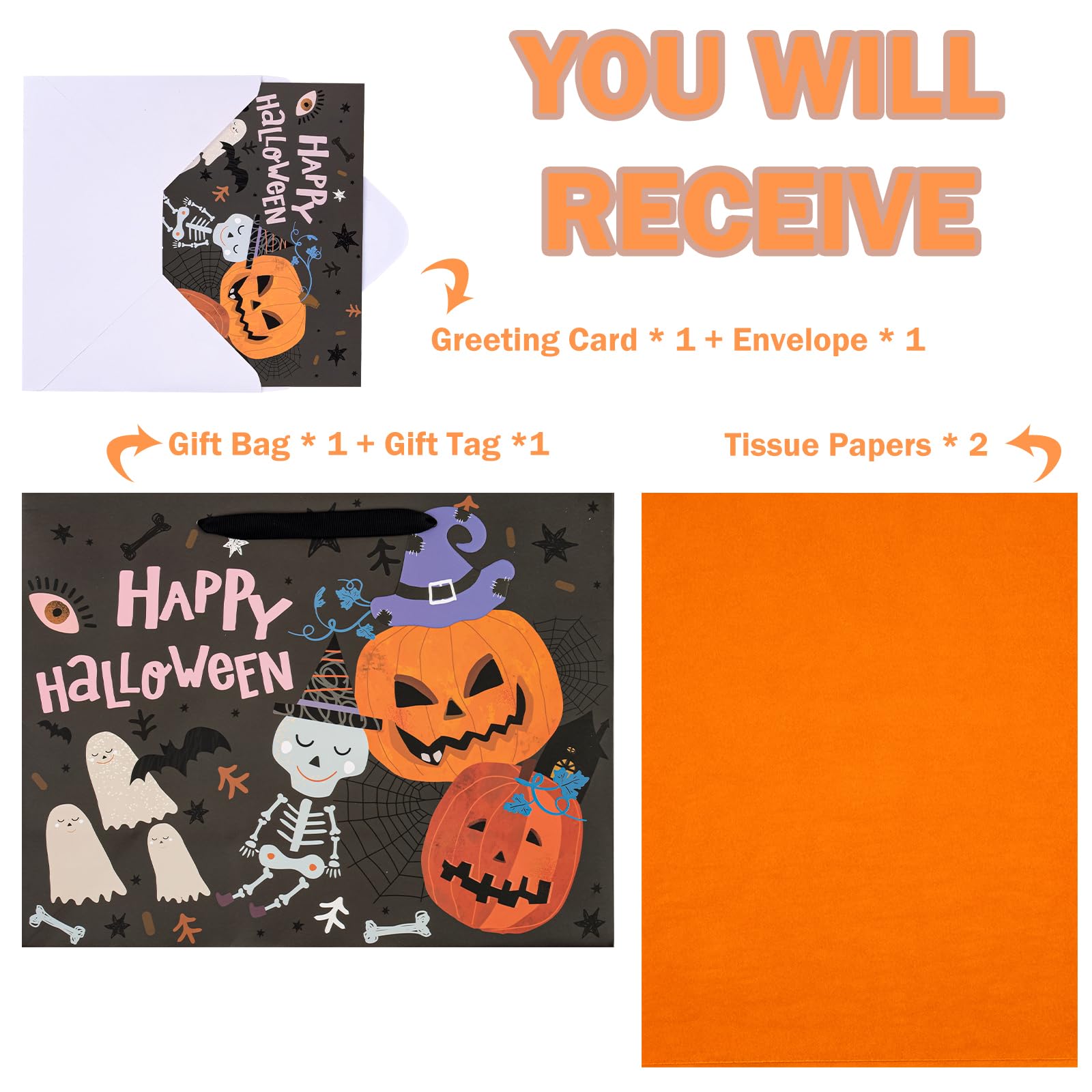 WRAPAHOLIC 13" Halloween Large Gift Bag with Card and Tissue Paper - Classic Halloween Theme Design and Happy Halloween Lettering