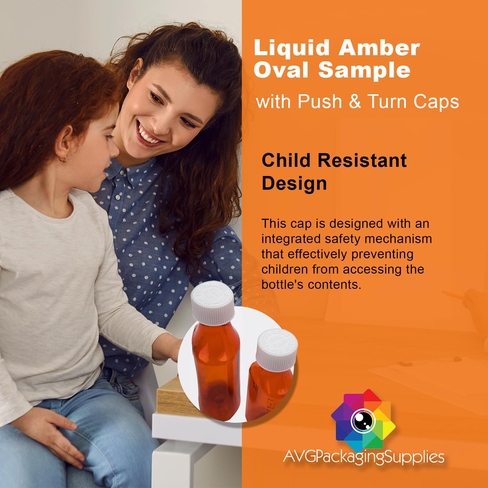 AVG Packaging Supplies Liquid Amber Oval Sample Bottles with Push & Turn Caps – Child Resistant Pharmacy Prescription Medicine Containers, 6oz Vials (100ct)