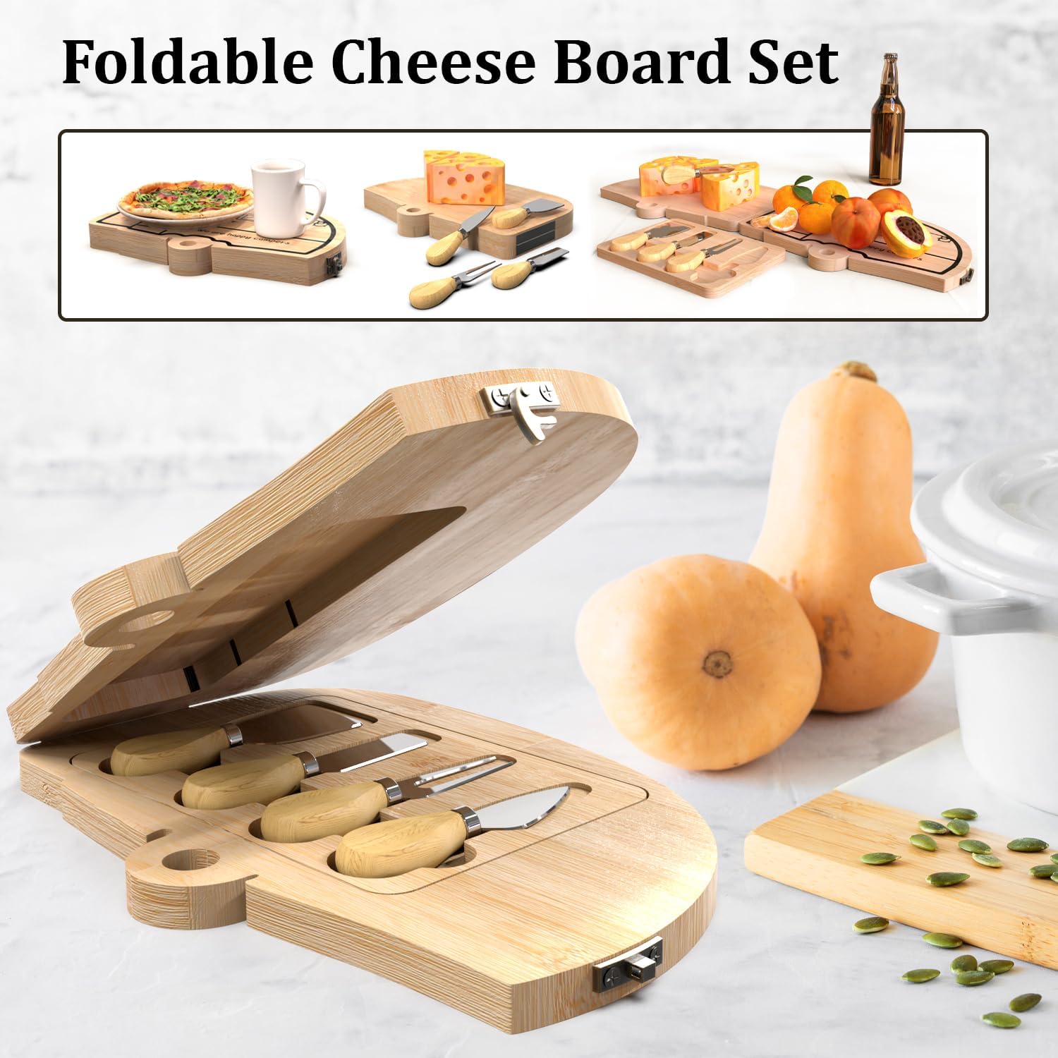 Haigoo Camping Cheese Board and Knife Set Foldable Bamboo Charcuterie Boards Gift Set Unique Cheese Cutting Board Birthday Gifts for Mom Dad House Warming Gifts for Women Men Wedding Gifts for Couple