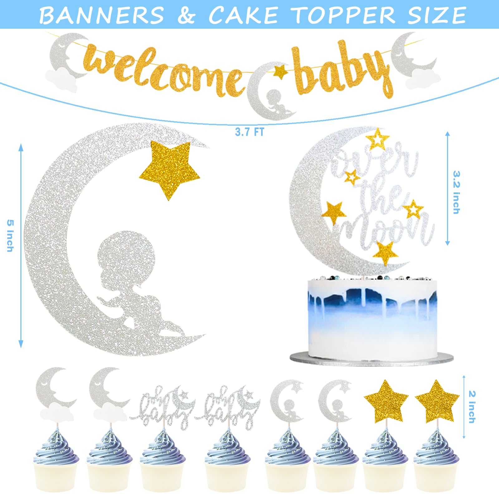 154 PCs Over The Moon Baby Shower Decorations, Fiesec We Are Over The Moon Baby Shower Decorations Backdrop Balloon Garland Glitter Banner Cake Cupcake Topper Boxes Cutout Starry Night Galaxy Sliver