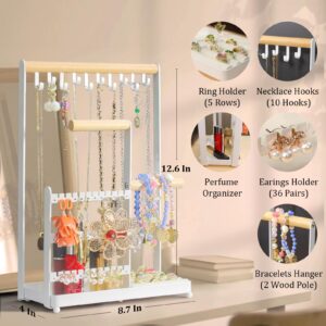 coobest Jewelry Organizer, Jewelry Holder Organizer w/36 Earring Organizer and 10 Necklace Holder, Velvet Ring Holder & Jewelry Dish,Jewelry Display Stand for Room Decor, Christmas Gifts Idea for Mom