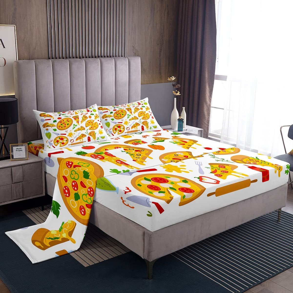 Pizza Bed Sheets Set Full Size Sausage Pizza Sheet Set for Kids Boys Girls Decor Food Themed Sheets with Deep Pocket Fitted Sheet Microfiber Fast Food Bedding Set Bedroom Delicious Gourmet Bed Set