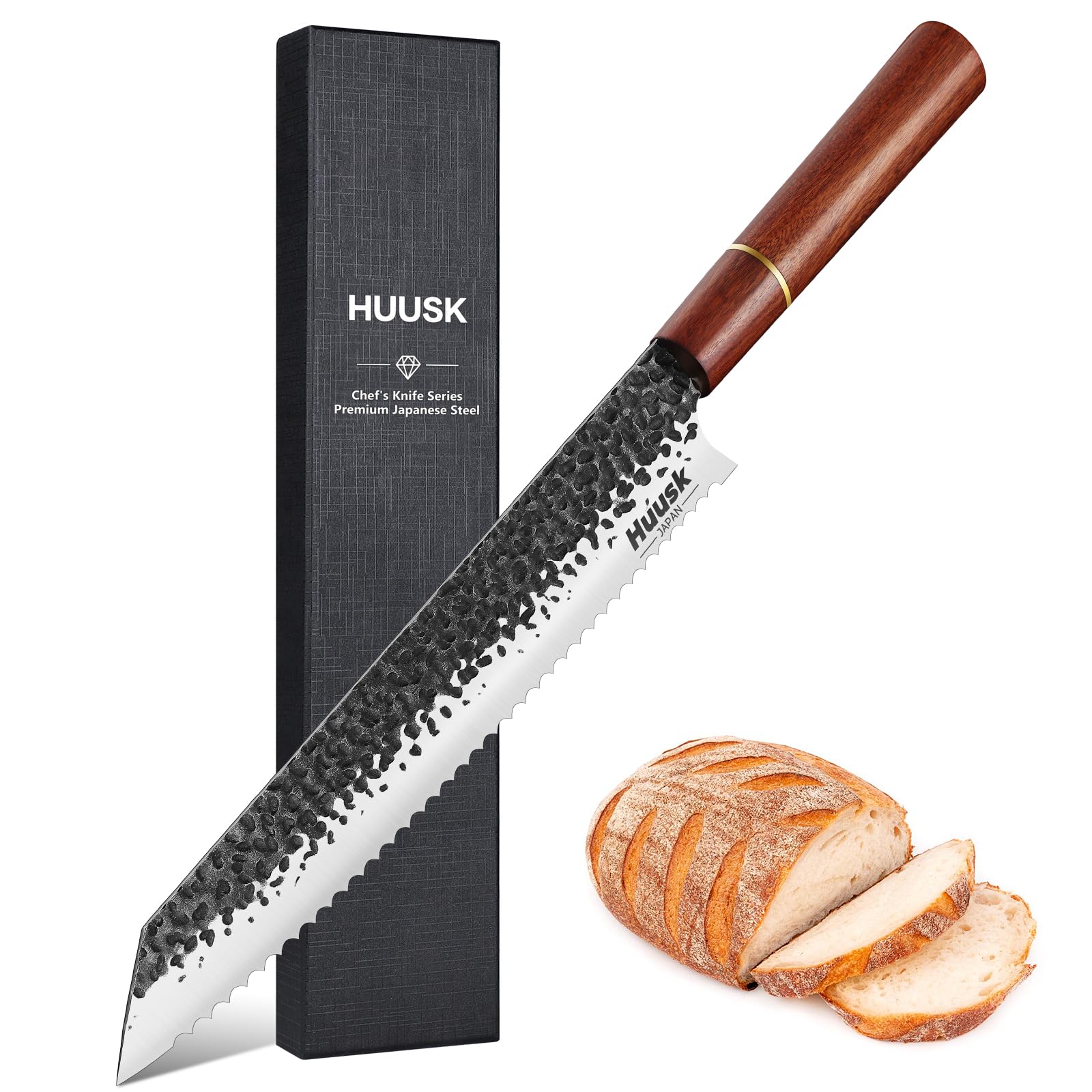 Huusk Japanese Bread Knife, 9.7 Inch Long Serrated Bread Knife, Lightweight Slicing Bread Knife for Cutting Homemade Sourdough Bread, Serrated Knife with Gift Box for Dad