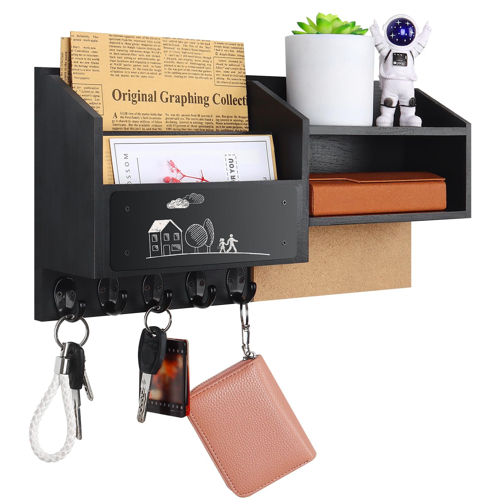 GerayMer Key Holder for Wall, Rustic Key and Mail Holder for Wall, Wood Hanging Key Holder, Key Rack Mail Organizer for Wall, with 5 Hooks, 2 Mail Slots, 2 Storage Shelf, Chalkboard and Cork Board