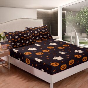 jejeloiu Pumpkin Lantern Sheet Set King Size Kids Halloween Sheets with Deep Pocket Fitted Sheet for Boys Girls Teens Pumpkin Lantern Bed Sheets Set Breathable Ghost Bedding Set Bat Bed Set