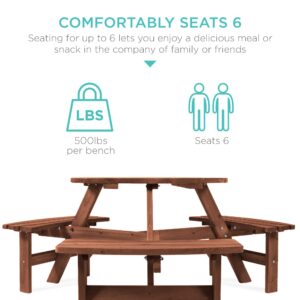 Best Choice Products 6-Person Circular Outdoor Wooden Picnic Table for Patio, Backyard, Garden, DIY w/ 3 Built-in Benches, 500lb Capacity - Walnut Brown