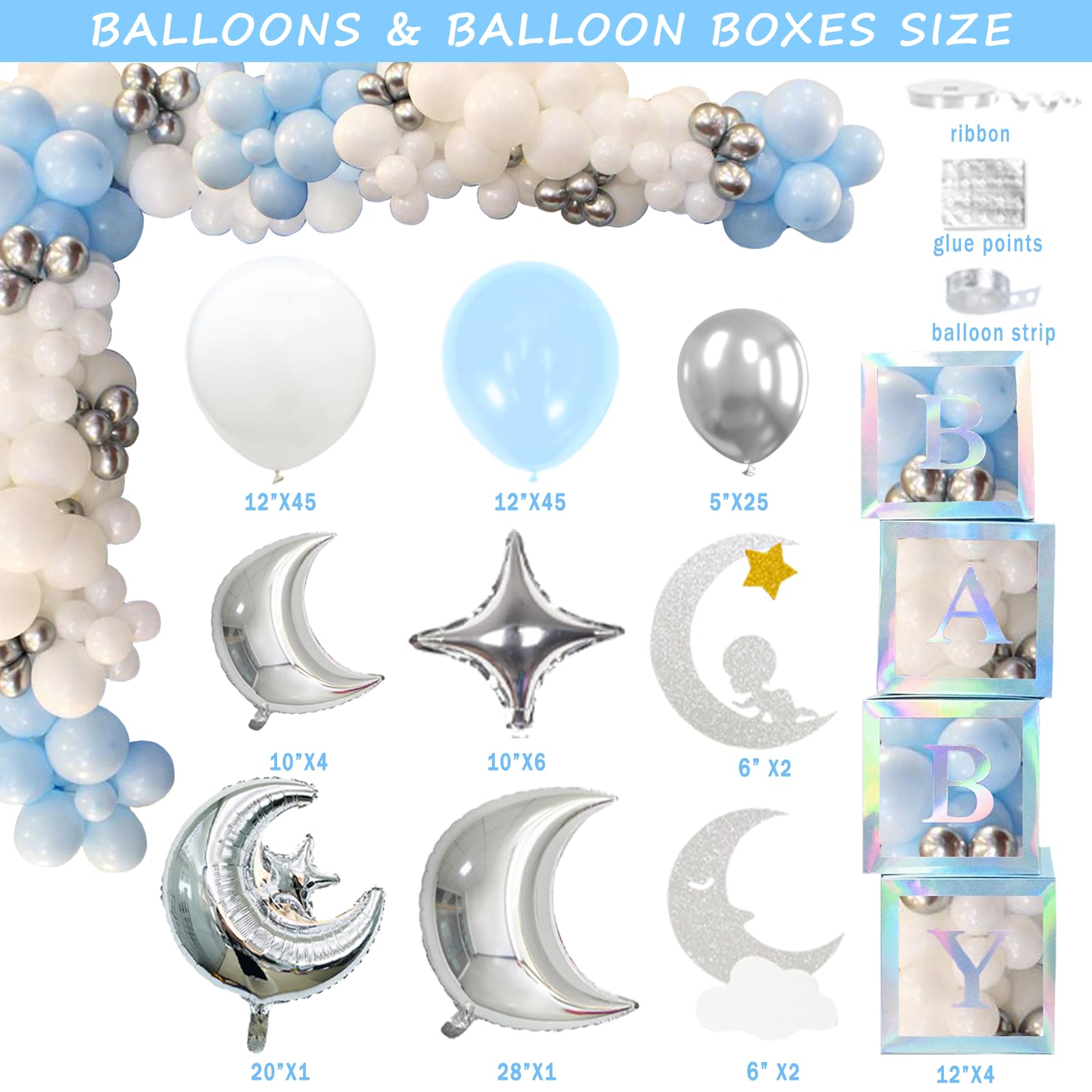 154 PCs Over The Moon Baby Shower Decorations, Fiesec We Are Over The Moon Baby Shower Decorations Backdrop Balloon Garland Glitter Banner Cake Cupcake Topper Boxes Cutout Starry Night Galaxy Sliver