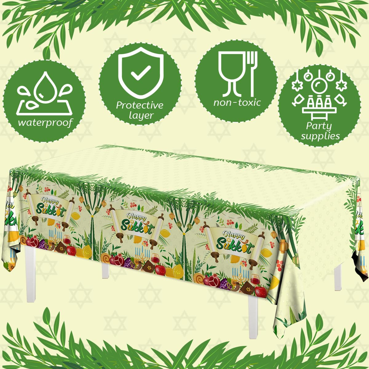 Sukkah Sukkot Tablecloth - Disposable Happy Sukkot Decorations Plastic Tablecloth, Jewish Holiday Party Decorations 3pcs Etrog Lulav Decor Table Cover, Jewish Table Supplies, 108 x 180 cm