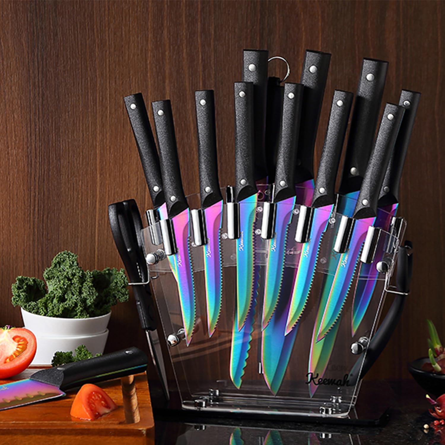 Keewah Knife Set, 16 Piece Kitchen Knives set with Acrylic Stand, Rainbow