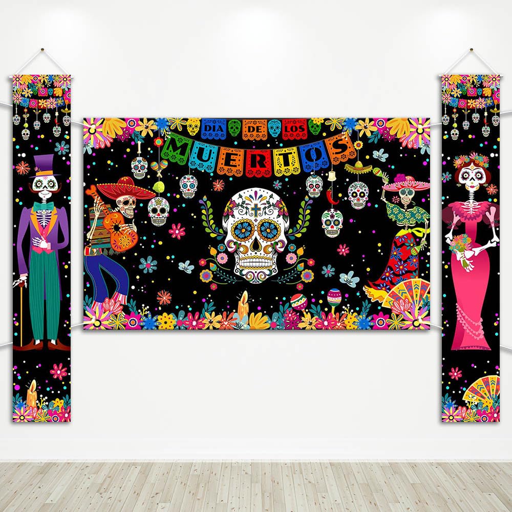 Avezano Day of The Dead Decorations Dia de Los Muertos Banner&Porch Signs Kit for Mexican Dia de Los Muertos Party Decor Day of Dead Hanging Banner Indoor Outdoor Supplies