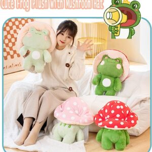 Frog Plushies Toys, 17" Cute Frog Pillow with Mushroom Hat Stuffed Animals, Kawaii Plushies Gift for Kids Girls Adults Valentines Birthdays Gift（Light Green Red hat, 17inch