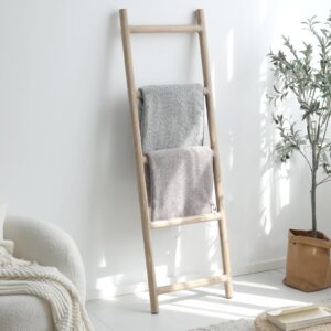 FUIN Fully Assembled 5ft Wood Blanket Ladder Living Room Decorative Wall Leaning Farmhouse Quilt Display Holder Rustic Wooden Towel Rack for Bathroom, Natural & Graywashed