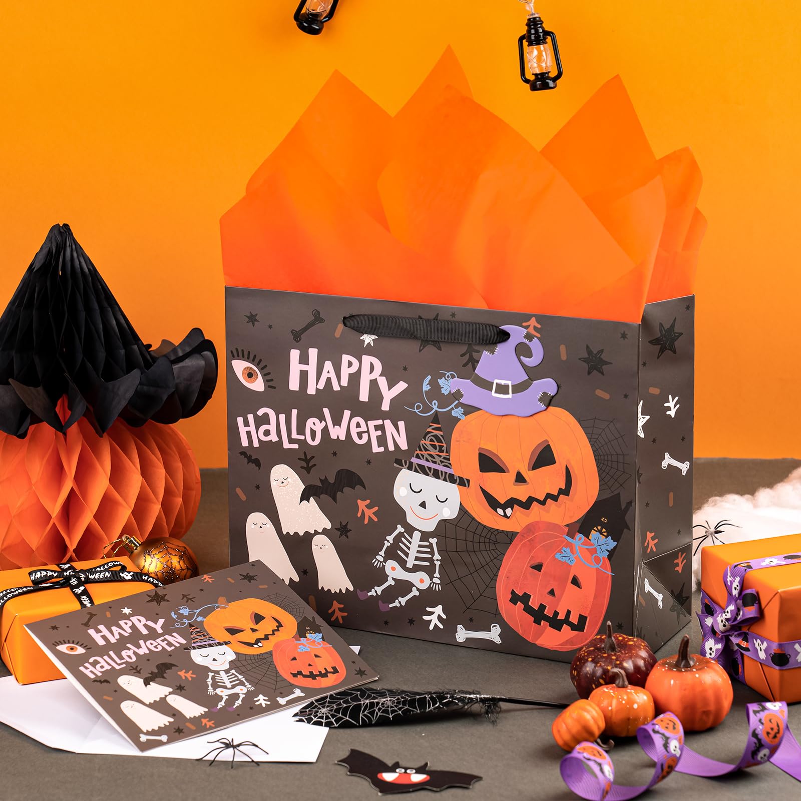 WRAPAHOLIC 13" Halloween Large Gift Bag with Card and Tissue Paper - Classic Halloween Theme Design and Happy Halloween Lettering