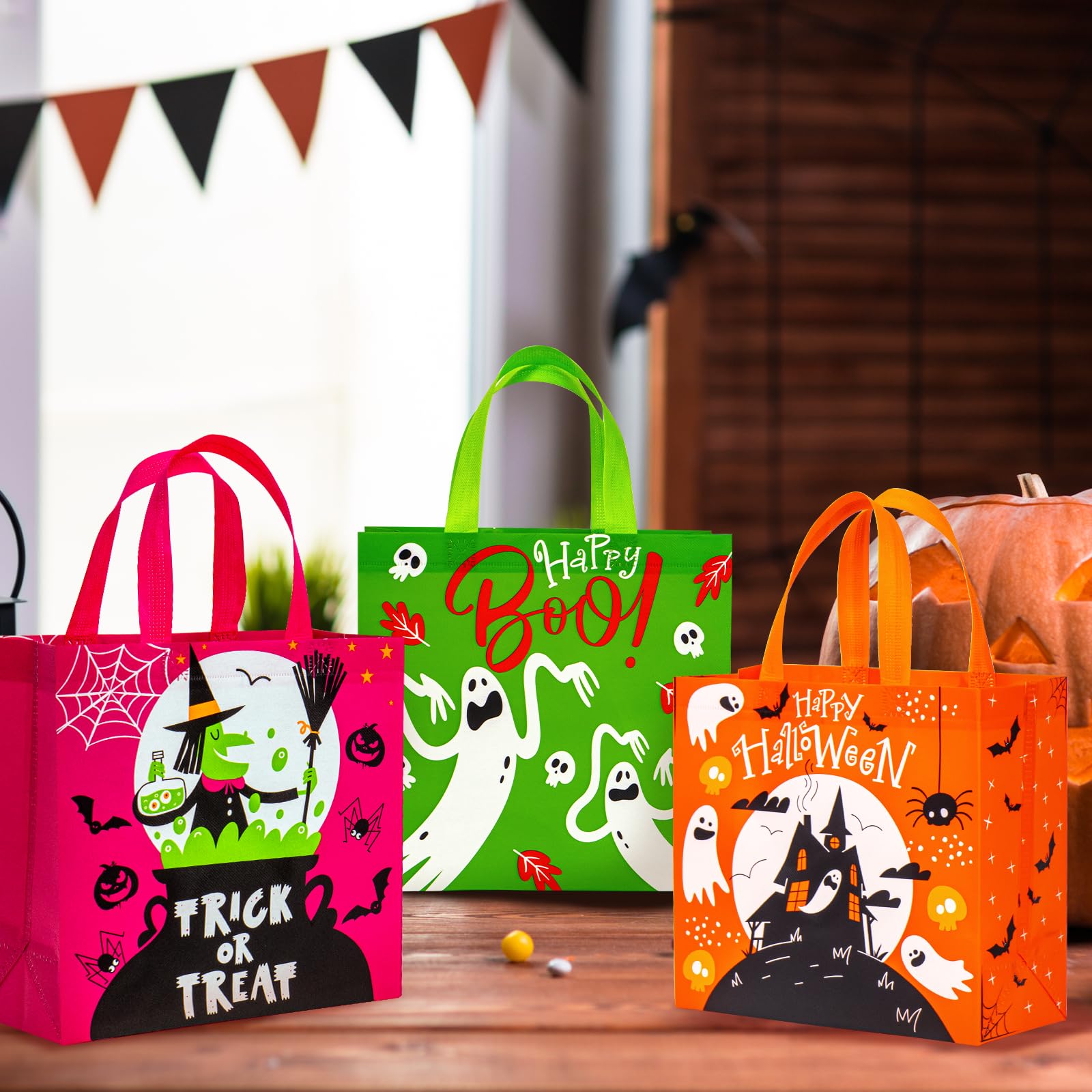 WRAPAHOLIC 12 Pack Halloween Trick or Treat Bags - 10.5 x 5 x 10.5 inch - Ghosts, Bats, Spider Reusable Goodie Treat Bag with Handle for Halloween Party Favors