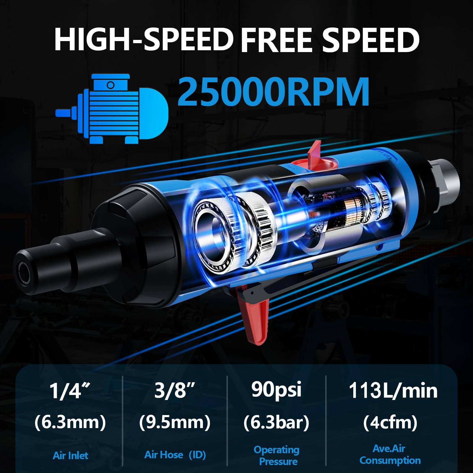 Autolock 1/4” Straight Air Die Grinder, 25000 RPM Pneumatic Die Grinder Tools with 1/4 Inch & 1/8 Inch Collets, Rear Exhaust