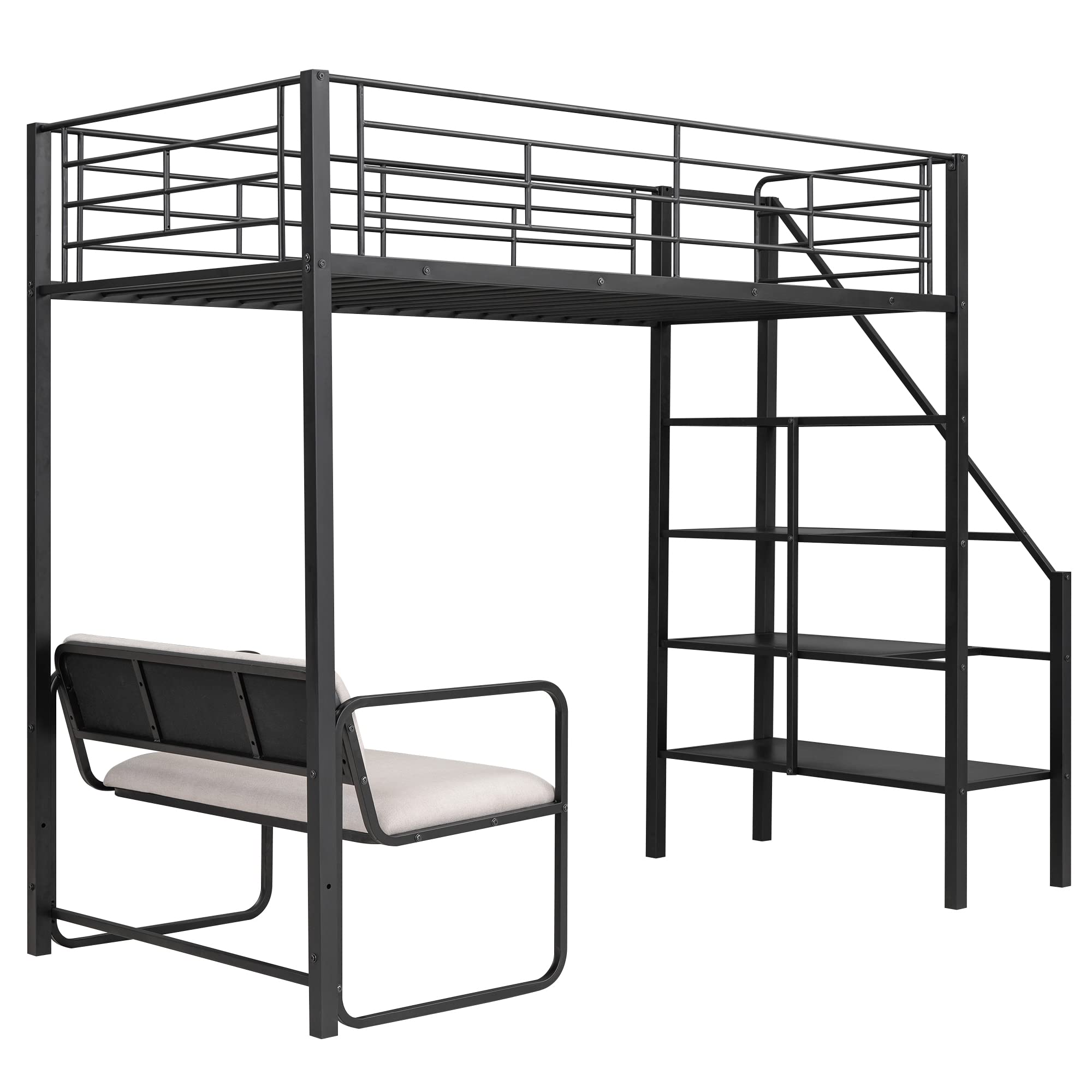 Twin Size Loft Bed with Storage Staircase and Bench, Metal Twin Loft Bed Frame for Kids Teens, Twin High Loft Bed, Metal Loft Bed with Full Length Guardrail and Slat (Twin, Black)