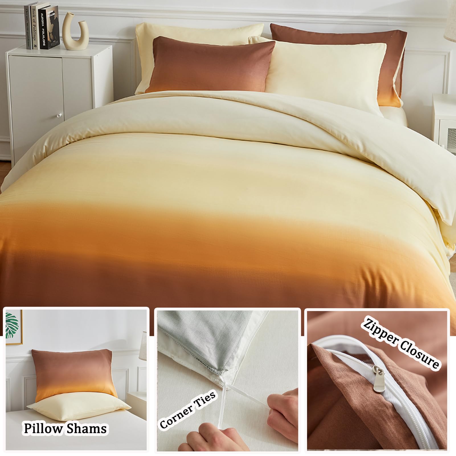 Warmarky Coffee Duvet Cover King Size Gradient Soft Bedding Duvet Cover Set with Zipper Closure, 1pcs Duvet Cover 91''x102'' with Corner Ties, 2pcs Envelop Pillow Shams 20''x36''