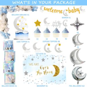 154 PCs Over The Moon Baby Shower Decorations, Fiesec We Are Over The Moon Baby Shower Decorations Backdrop Balloon Garland Glitter Banner Cake Cupcake Topper Boxes Cutout Starry Night Galaxy Sliver