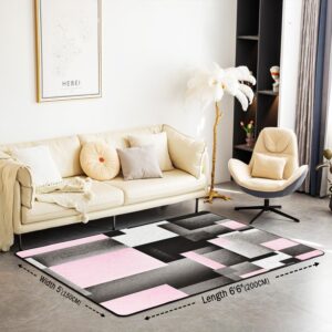 jejeloiu Geometric Living Room Rugs Area Rug 5x7 Pink Grey Black Buffalo Check Accent Rug for Modern Abstract Indoor Floor Mat Non-Slip Stripe Line Geometry Decorative Rug