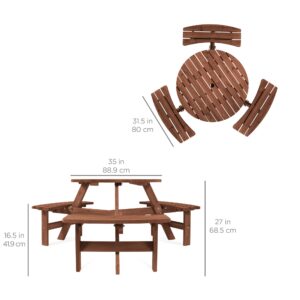 Best Choice Products 6-Person Circular Outdoor Wooden Picnic Table for Patio, Backyard, Garden, DIY w/ 3 Built-in Benches, 500lb Capacity - Walnut Brown