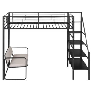 Twin Size Loft Bed with Storage Staircase and Bench, Metal Twin Loft Bed Frame for Kids Teens, Twin High Loft Bed, Metal Loft Bed with Full Length Guardrail and Slat (Twin, Black)