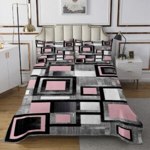 Feelyou Geometric Bedspread Queen Size Kids Geometry Quilted Coverlet for Boys Teens Pink Grey Black Buffalo Check Coverlet Set Breathable Modern Abstract Art Quilted Room Decor