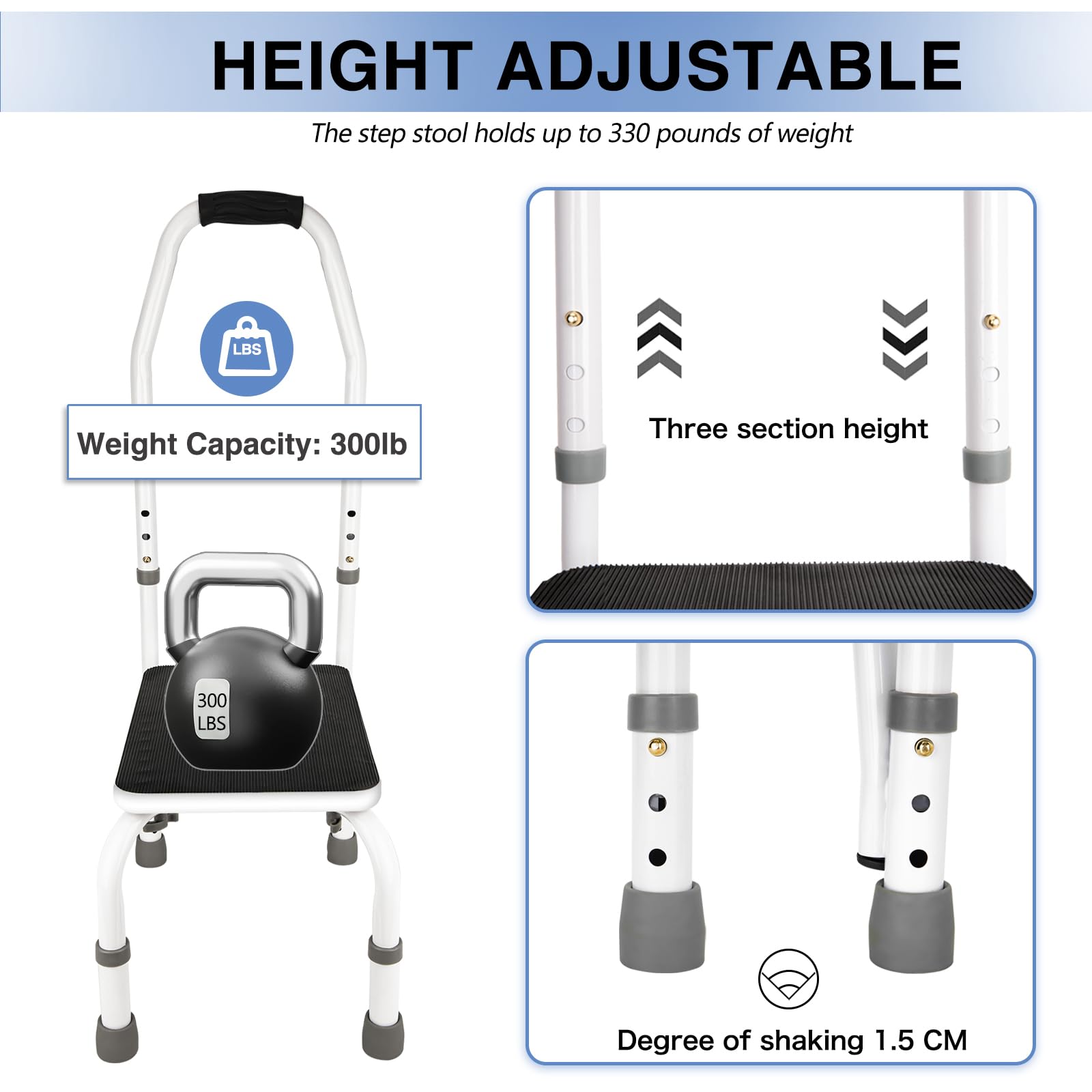 Step Stool with Handle, Adjustable Step Stool, Bed Step for High Beds for Adults, Elderly Bedside, Height Adjustable Elderly Step Stool, Padded Non-Slip Hand Grips, Heavy Duty Holds 330 Lbs