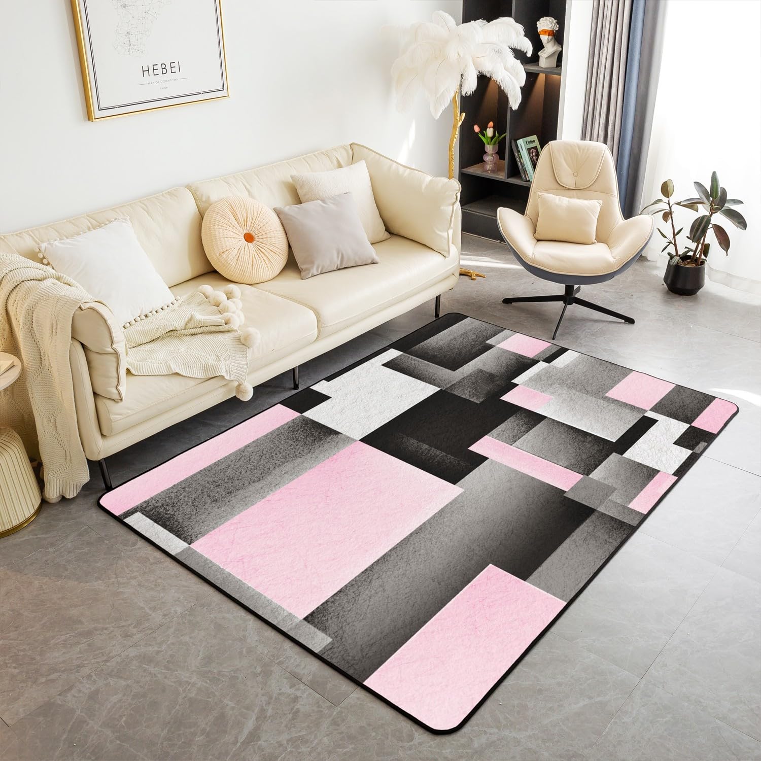 jejeloiu Geometric Living Room Rugs Area Rug 5x7 Pink Grey Black Buffalo Check Accent Rug for Modern Abstract Indoor Floor Mat Non-Slip Stripe Line Geometry Decorative Rug