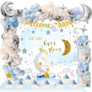 154 pcs over the moon baby shower decorations, fiesec we are over the moon baby shower decorations backdrop balloon garland glitter banner cake cupcake topper boxes cutout starry night galaxy sliver