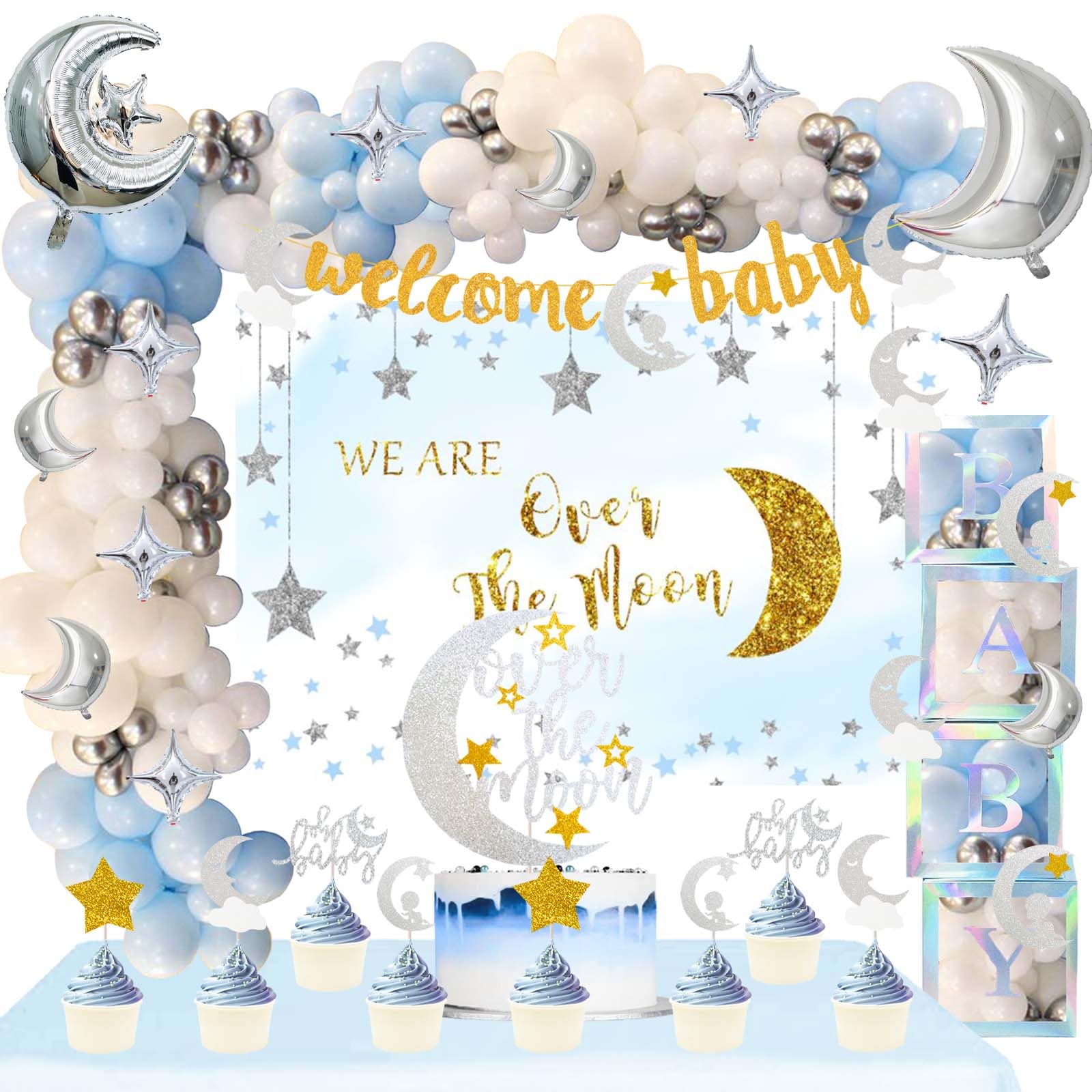 154 PCs Over The Moon Baby Shower Decorations, Fiesec We Are Over The Moon Baby Shower Decorations Backdrop Balloon Garland Glitter Banner Cake Cupcake Topper Boxes Cutout Starry Night Galaxy Sliver