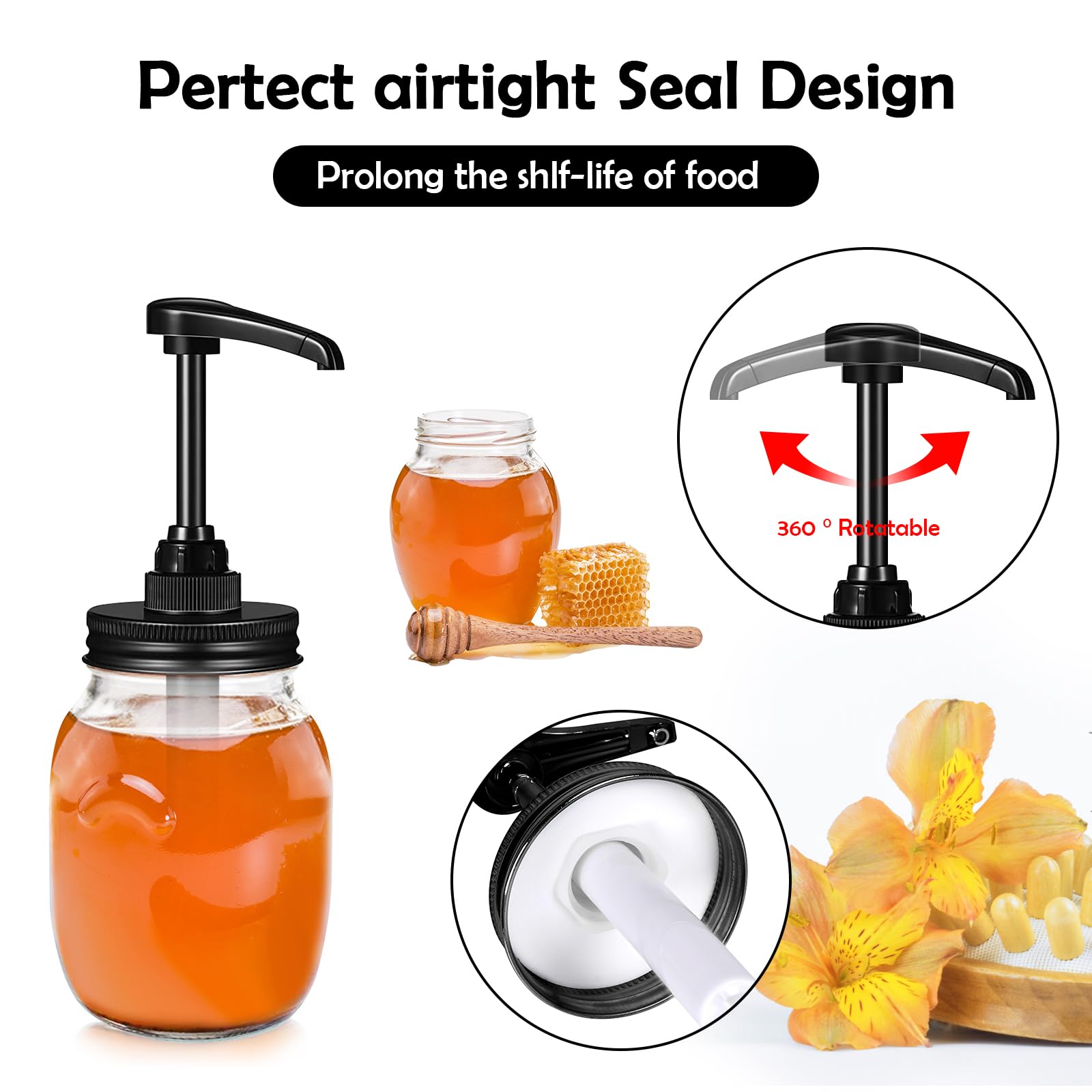 Wide Mouth Mason Jar Honey Pump Dispenser Lid & 4pcs Sticker,Food Grade Plastic pumps and 3.38 Inch Stainsteel Steel Lids Rust Proof Leak-Proof for Jam Ketchup Sauce NO JAR QurHapzy