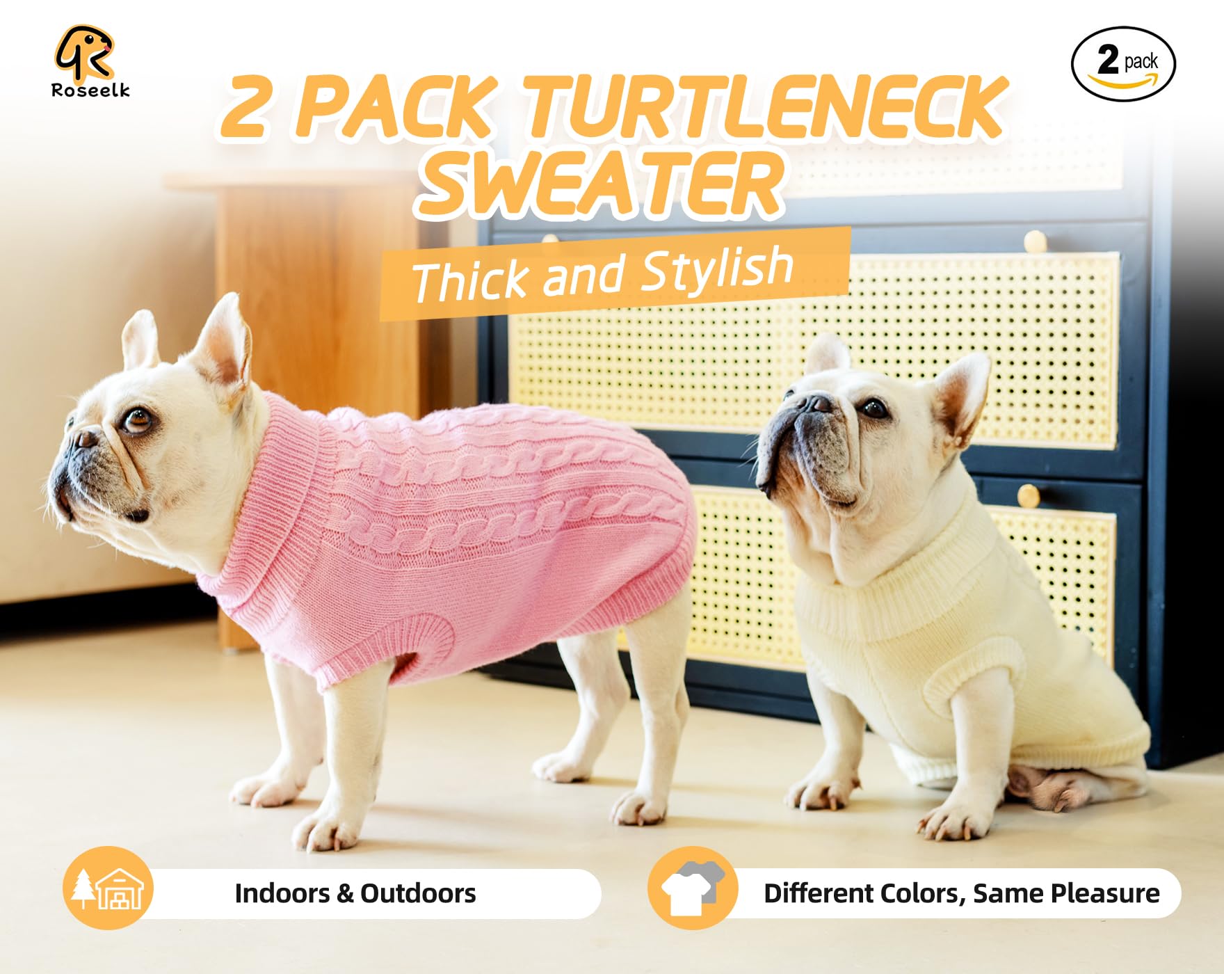 Roseelk 2 Pack Dog Sweaters for Small Dogs - Puppy Medium Warm Clothes in Winter, Turtleneck Pullover Design for Boy Girl Pet, Doggie, Cat, Kitten Chihuahua Bulldog Pug Beagles (S, Pink, Beige)