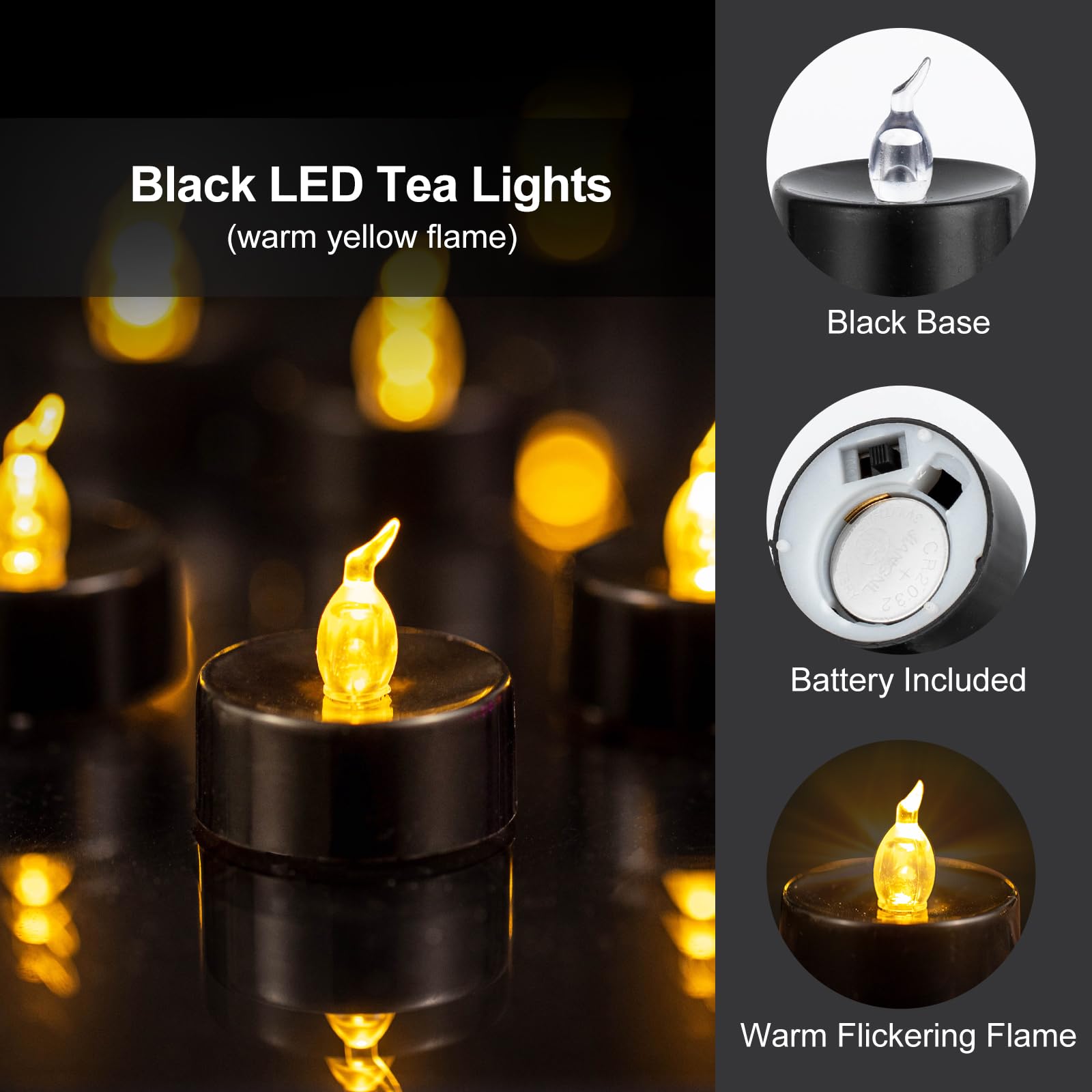 Windshell 24 PCS Black LED Tea Lights (Warm Yellow Flame), Battery Operated Tealight Candles (No Remote and Timer), Black Flameless Small Candles for Wedding, Thanksgiving and Halloween