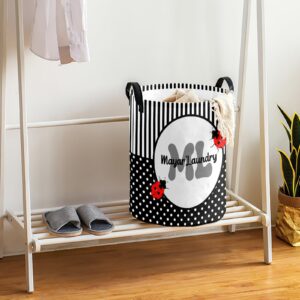 Striped Dots Ladybird Monogram Personalized Laundry Basket Laundry Hamper Clothes Bag Collapsible Tall with Handles,Waterproof,Storage Baskets for Bathroom College Dorm Family Essentials