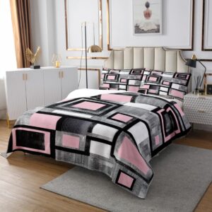 Feelyou Geometric Bedspread Queen Size Kids Geometry Quilted Coverlet for Boys Teens Pink Grey Black Buffalo Check Coverlet Set Breathable Modern Abstract Art Quilted Room Decor