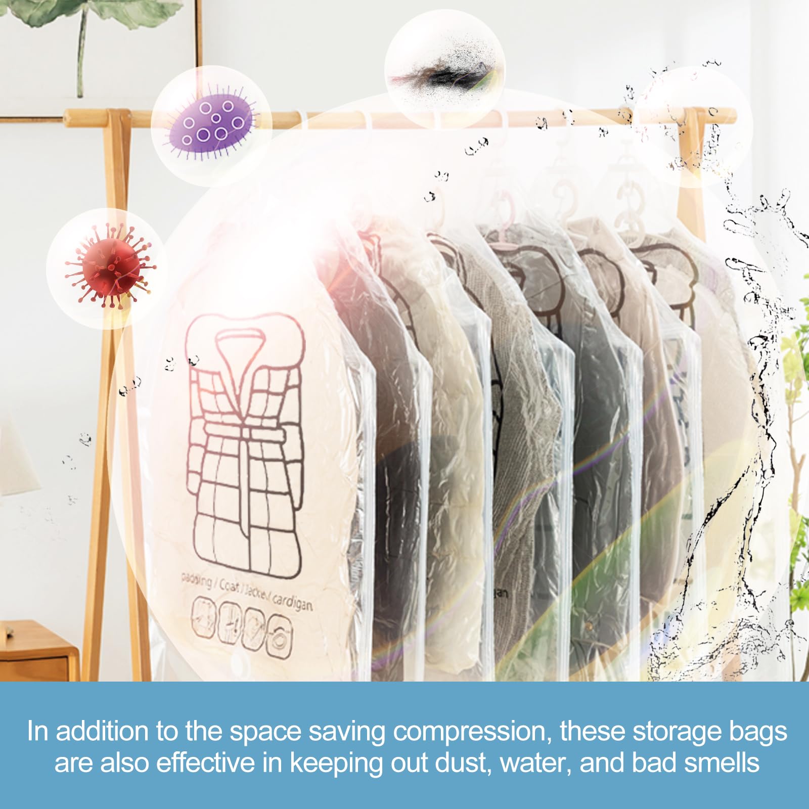 5PCS Large Hanging Vacuum Storage Bags, Reusable Space Saver Vacuum Sealed Bags for Clothing with Hand Pumps, Storage Bags for Coats, Suits, Jackets and Quilts (27"×52")