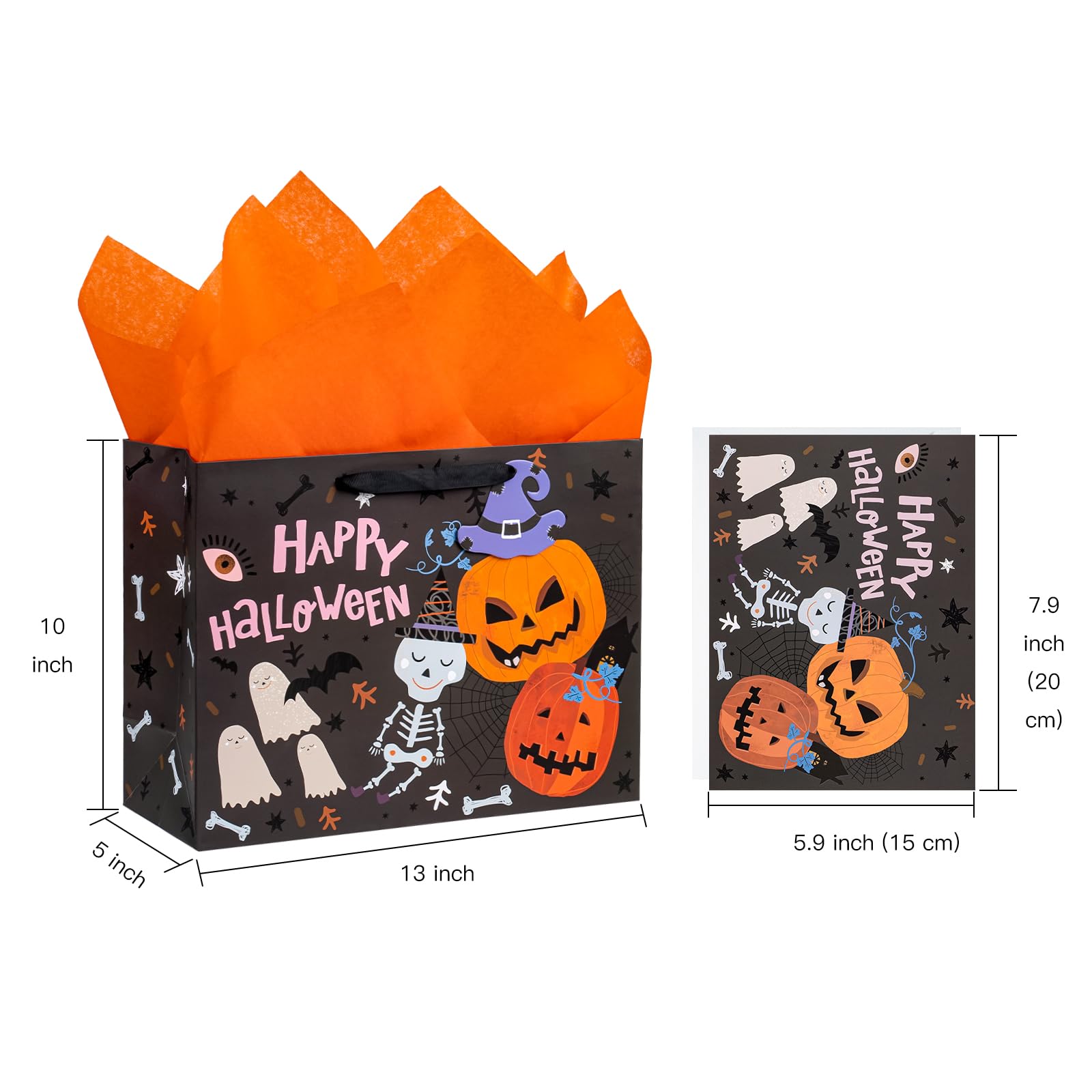 WRAPAHOLIC 13" Halloween Large Gift Bag with Card and Tissue Paper - Classic Halloween Theme Design and Happy Halloween Lettering