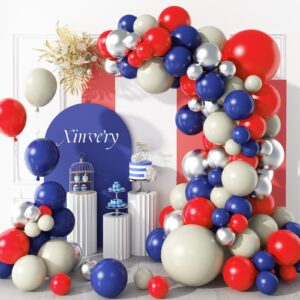 red blue balloon garland kit, 18/12/10/5 inch blue red chrome silver and sand white party balloon arch kit for baby shower graduation baseball superhero birthday national day 4th of july decorations