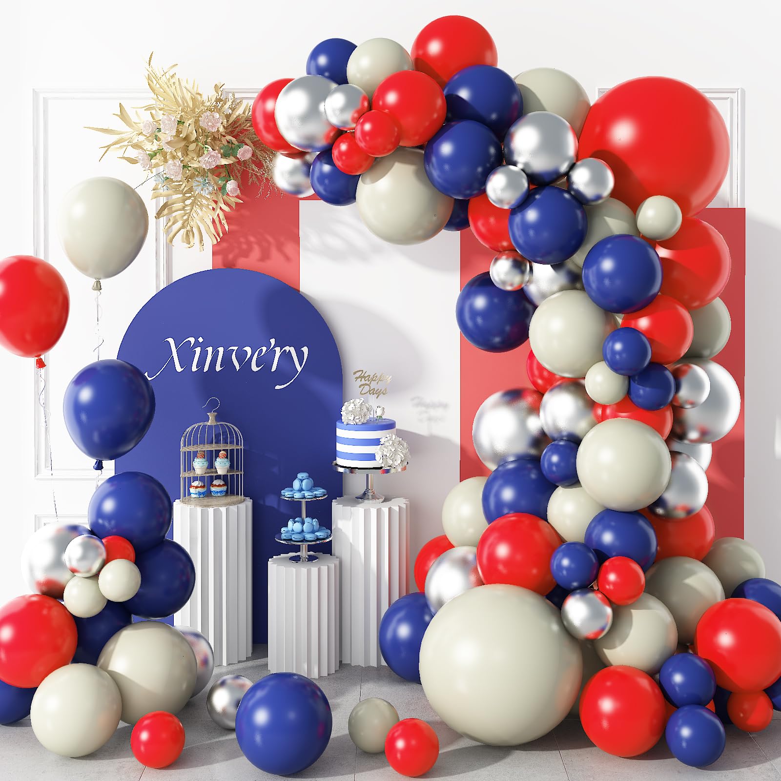 Red Blue Balloon Garland Kit, 18/12/10/5 inch Blue Red Chrome Silver and Sand White Party Balloon Arch Kit for Baby Shower Graduation Baseball Superhero Birthday National Day 4th of July Decorations