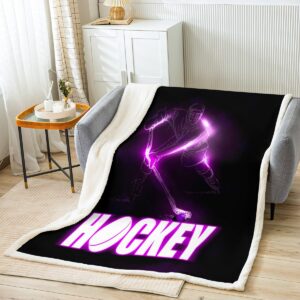 Ice Hockey Throw Blanket for Girls,Pucks Sports Ball Games Blanket,Extreme Sport Fleece Blanket 50"x60",Abstract Hockey Player Sherpa Blanket Glowing Glitter Lighting Room Decor Lavender Purple Black