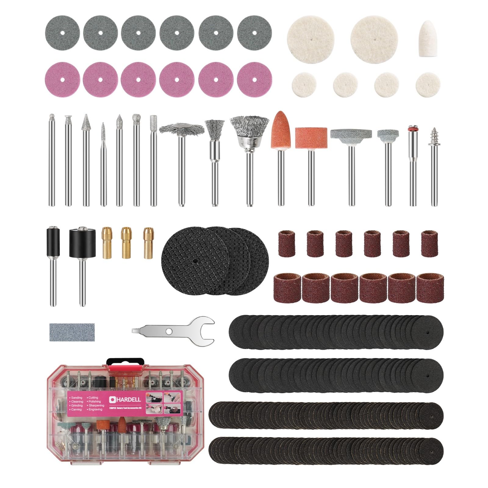 HARDELL Rotary Tool Accessories, 227pcs Power Rotary Tool Accessories Kit, 1/8"(3.2mm) Diameter Shanks, Universal Fitment for Easy Cutting, Polishing, Sanding, Carving, Grinding(Pink)