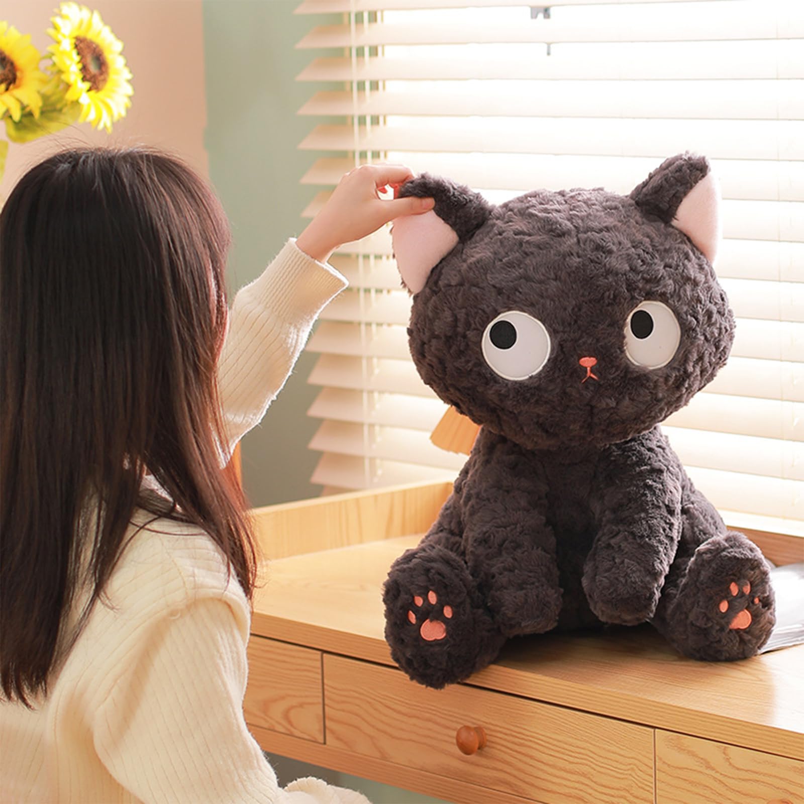 WYEDJHF Cute Black Cat Stuffed Animal Toy, Kawaii Cat Plush Pillow, Black Cat Soft Plushies Throw Pillow for Kids Birthday Christma Halloween Day Gifts Decor (Sitting, 9.8in)