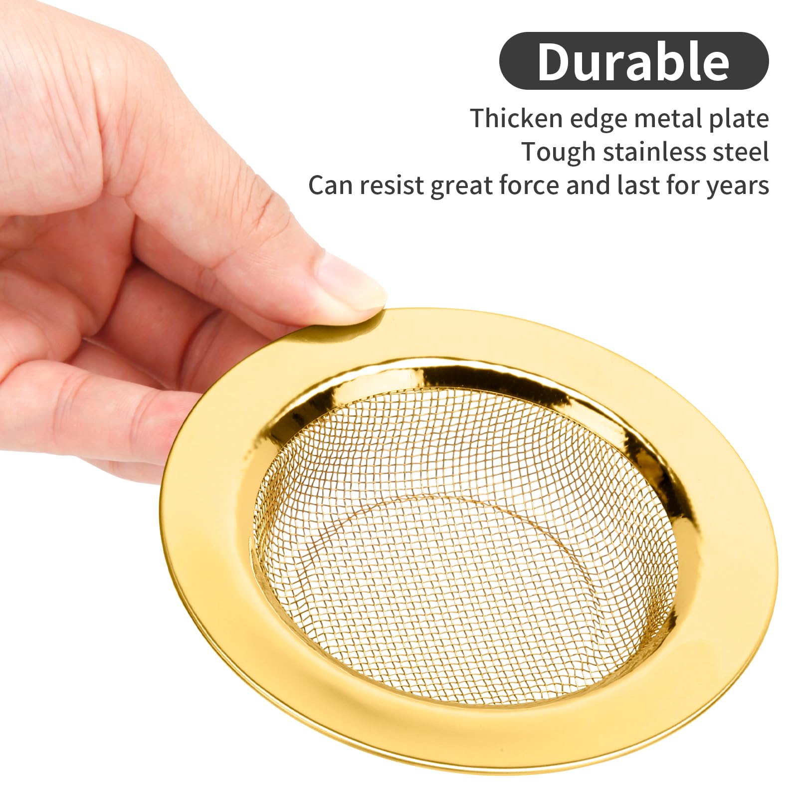 Raings 2 PCS Kitchen Sink Strainers Stainless Steel, Upgrade Anti-Clogging Mesh Sink Drain Basket, Strainers for Sink Drain Food Catcher with Large Wide Rim 4.5" Diameter (Gold)