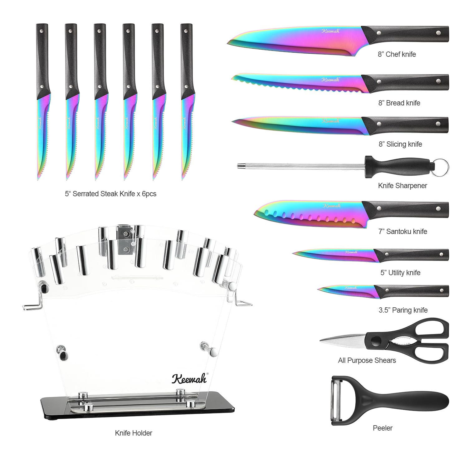 Keewah Knife Set, 16 Piece Kitchen Knives set with Acrylic Stand, Rainbow