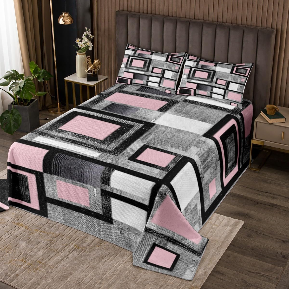 Feelyou Geometric Bedspread Queen Size Kids Geometry Quilted Coverlet for Boys Teens Pink Grey Black Buffalo Check Coverlet Set Breathable Modern Abstract Art Quilted Room Decor