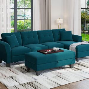 Belffin Velvet Couch Convertible L Shaped Sofa with Reversible Large Ottoman Storage Chaise Sectional Sofa Living Room Furniture Peacock Blue