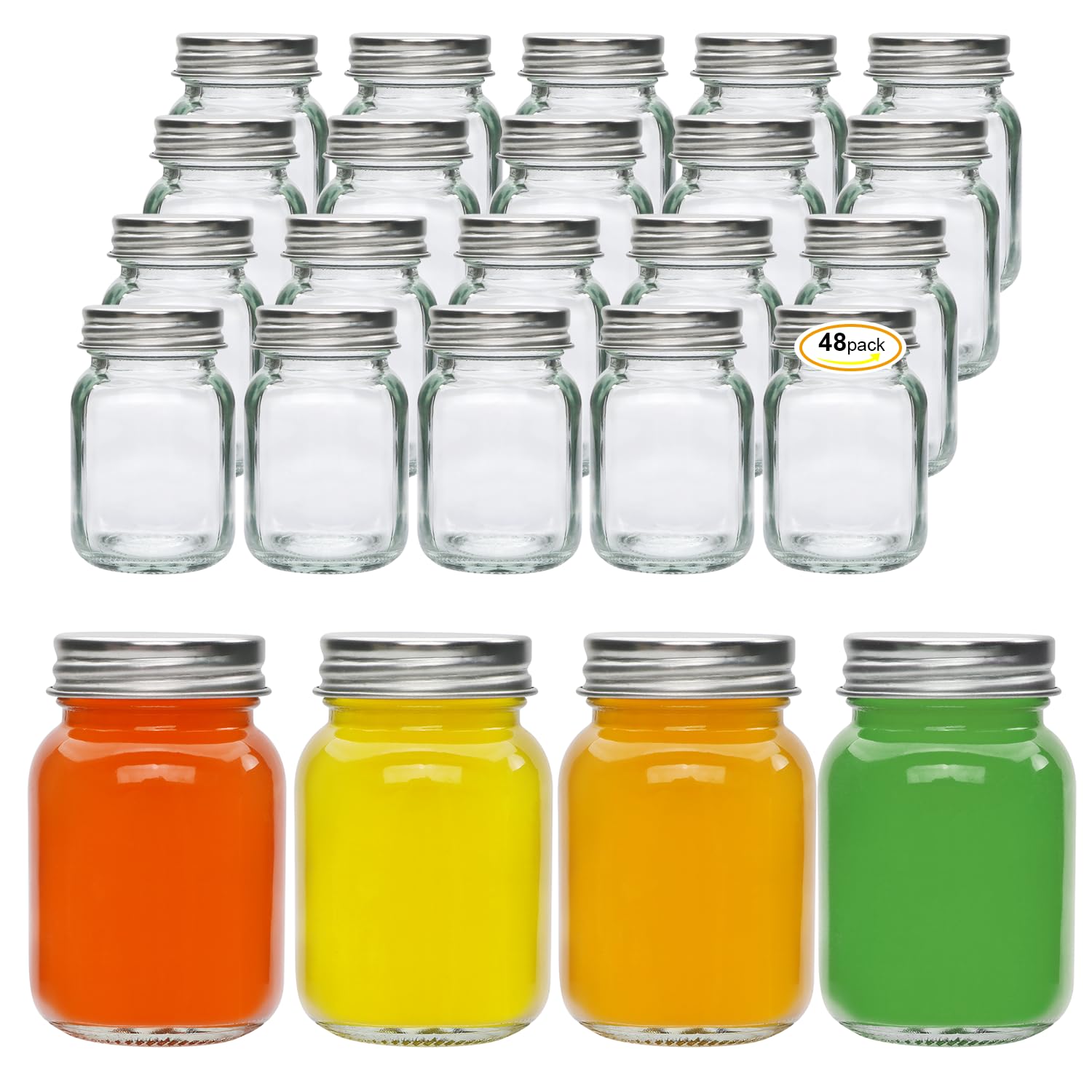 Accguan 2oz Mason Jars,Ginger Shots Bottles with Silver Lids,Glass Yogert Jars,Candle Jar,Honey,Jam,Jelly,Spice,Wedding Favors,Shower Favors(48pcs)