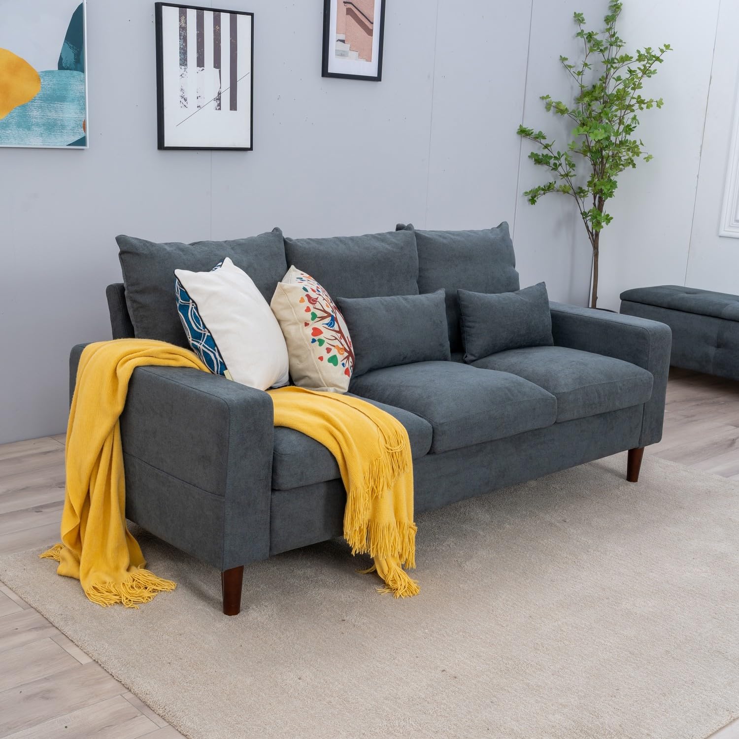 Panana 3 Seat Designer Sofa Couch Linen Fabric Wood Legs, Grey